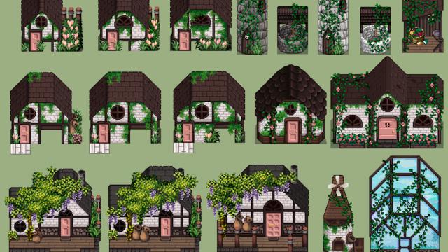 Medieval modern buildings with windmill and shed
