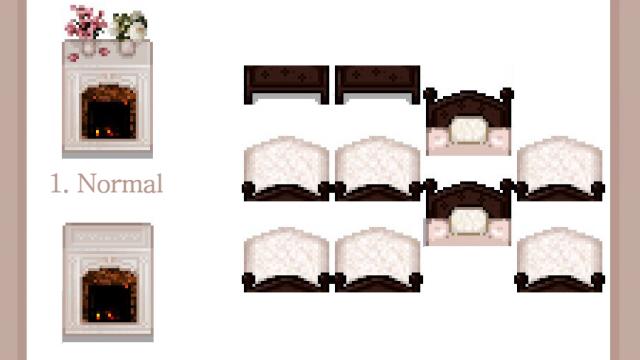 Yellog&rsquo;s dark brown and cream colored furniture for Stardew Valley