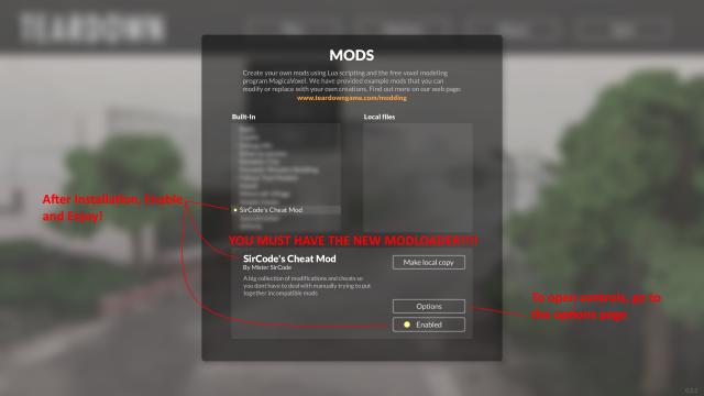 Чити для Teardown / SirCode's Cheats Mod - A simple fiddler and cheat menu для Teardown